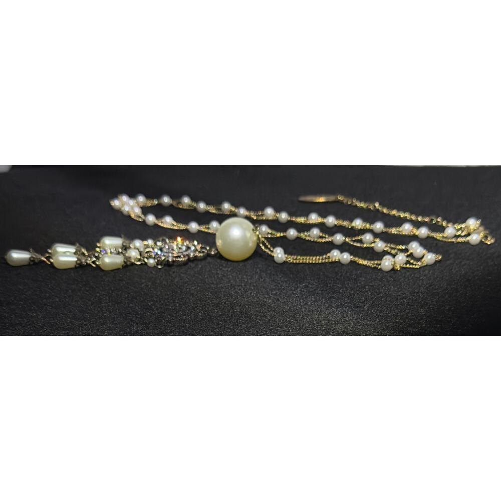 Plunder Gold Tone SET Faux Pearl Rhinestone Necklace Earrings Bridal Statement - Picture 4 of 10